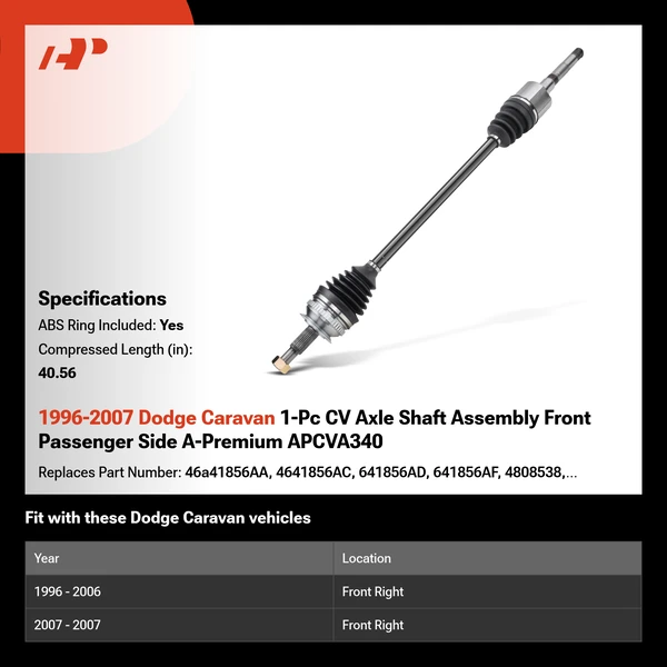 1996-2007 Dodge Caravan 1-Pc CV Axle Shaft Assembly Front Passenger Side A-Premium APCVA340