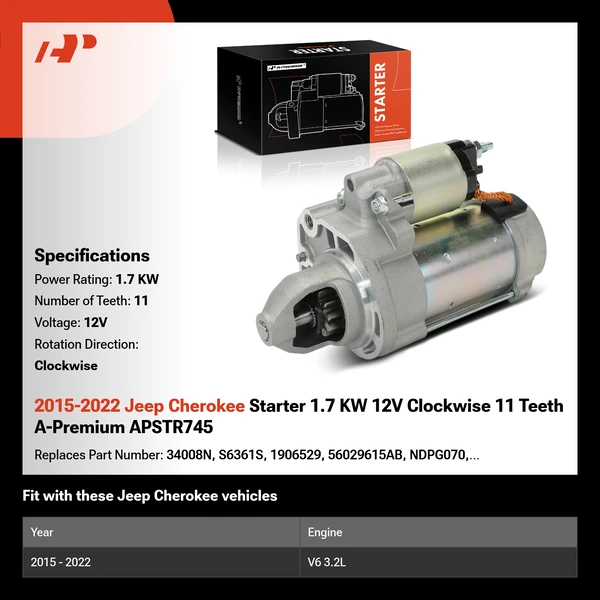 2015-2022 Jeep Cherokee Starter 1.7 KW 12V Clockwise 11 Teeth A-Premium APSTR745