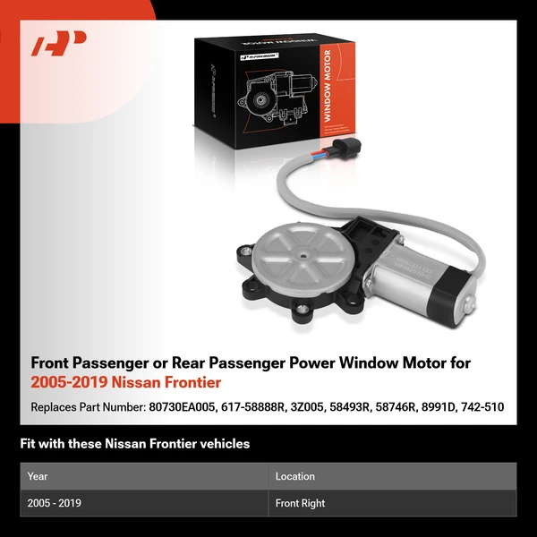 Front Passenger or Rear Passenger Power Window Motor for 2005-2019 Nissan Frontier