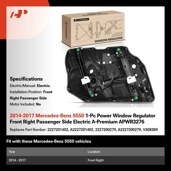 2014-2017 Mercedes-Benz S550 1-Pc Power Window Regulator Front Right Passenger Side Electric A-Premium APWR3276
