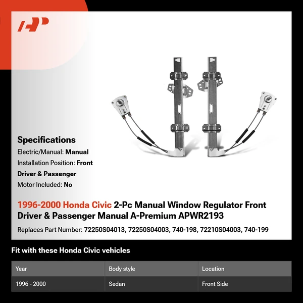 1996-2000 Honda Civic 2-Pc Manual Window Regulator Front Driver & Passenger Manual A-Premium APWR2193