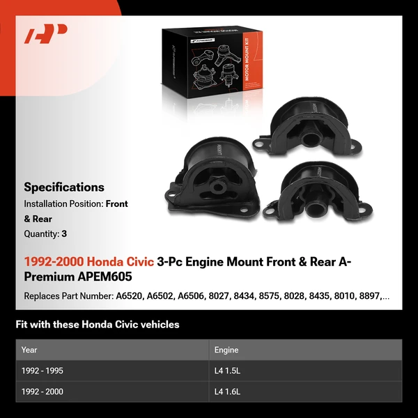 1992-2000 Honda Civic 3-Pc Engine Mount Front & Rear A-Premium APEM605