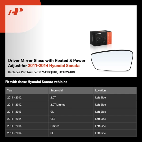 Driver Mirror Glass with Heated & Power Adjust for 2011-2014 Hyundai Sonata
