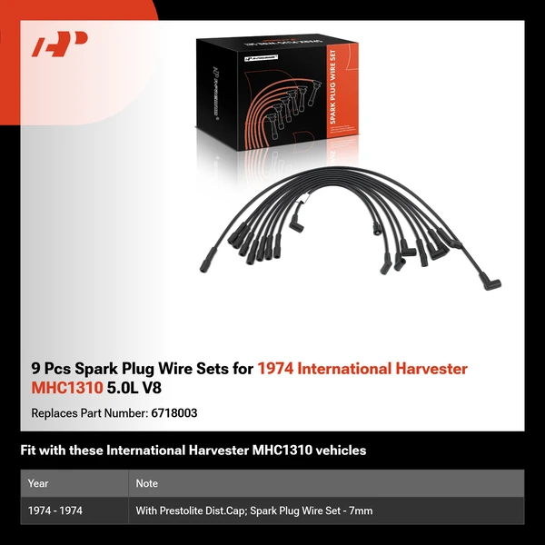 9 Pcs Spark Plug Wire Sets for 1974 International Harvester MHC1310 5.0L V8