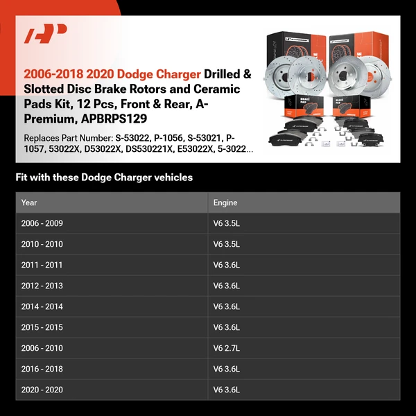2006-2018 2020 Dodge Charger Drilled & Slotted Disc Brake Rotors and Ceramic Pads Kit, 12 Pcs, Front & Rear, A-Premium, APBRPS129
