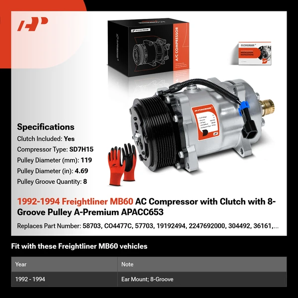 1992-1994 Freightliner MB60 AC Compressor with Clutch with 8-Groove Pulley A-Premium APACC653
