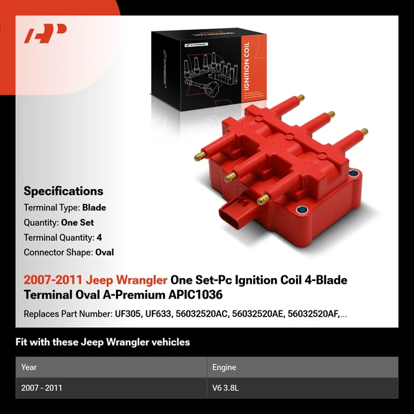 2007-2011 Jeep Wrangler One Set-Pc Ignition Coil 4-Blade Terminal Oval A-Premium APIC1036