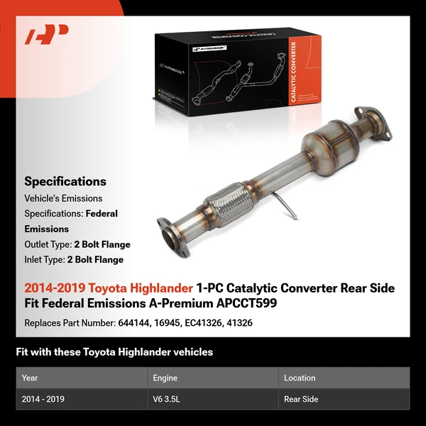 2014-2019 Toyota Highlander 1-PC Catalytic Converter Rear Side Fit Federal Emissions A-Premium APCCT599