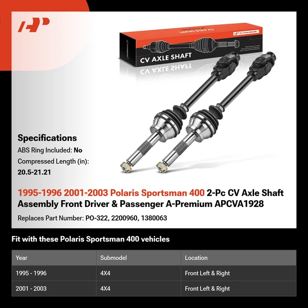 1995-1996 2001-2003 Polaris Sportsman 400 2-Pc CV Axle Shaft Assembly Front Driver & Passenger A-Premium APCVA1928