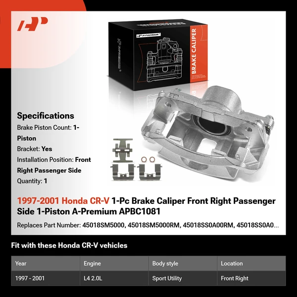 1997-2001 Honda CR-V 1-Pc Brake Caliper Front Right Passenger Side 1-Piston A-Premium APBC1081