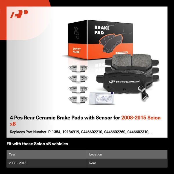 4 Pcs Rear Ceramic Brake Pads with Sensor for 2008-2015 Scion xB
