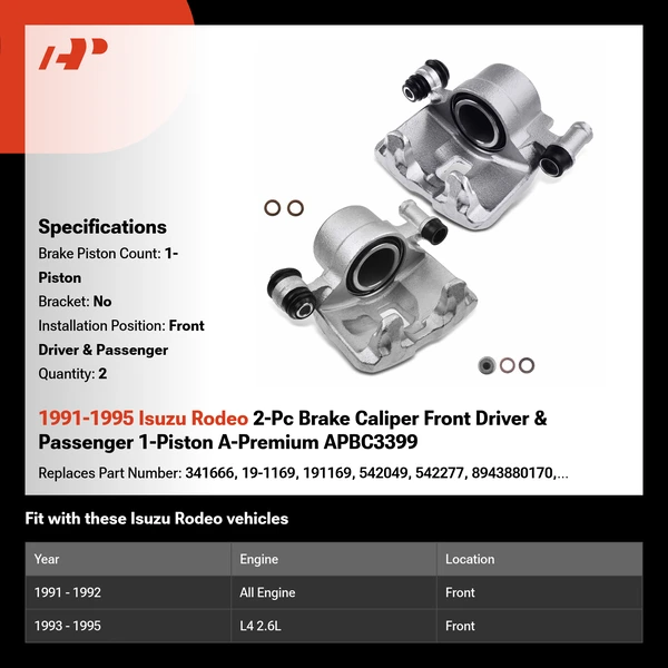 1991-1995 Isuzu Rodeo 2-Pc Brake Caliper Front Driver & Passenger 1-Piston A-Premium APBC3399