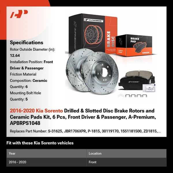 2016-2020 Kia Sorento Drilled & Slotted Disc Brake Rotors and Ceramic Pads Kit, 6 Pcs, Front Driver & Passenger, A-Premium, APBRPS1048