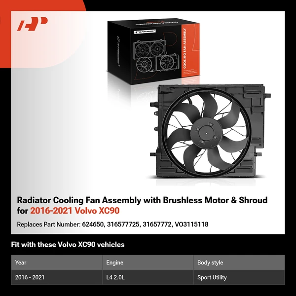 Radiator Cooling Fan Assembly with Brushless Motor & Shroud for 2016-2021 Volvo XC90