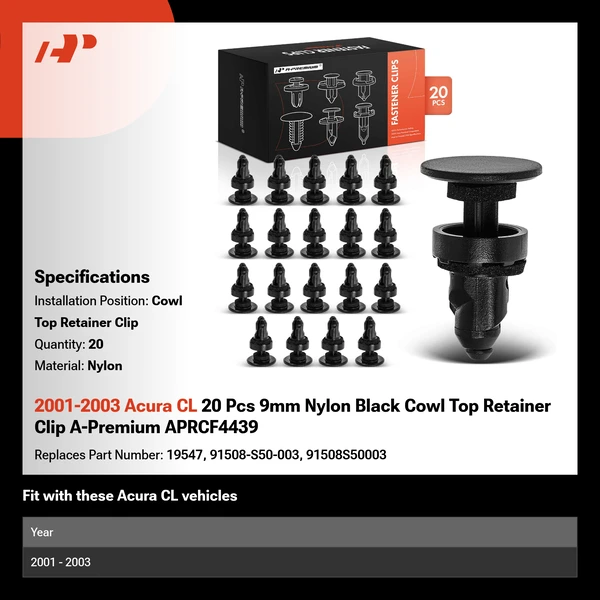 2001-2003 Acura CL 20 Pcs 9mm Nylon Black Cowl Top Retainer Clip A-Premium APRCF4439