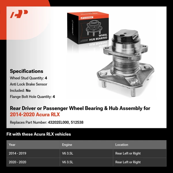 Rear Driver or Passenger Wheel Bearing & Hub Assembly for 2014-2020 Acura RLX