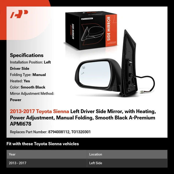 2013-2017 Toyota Sienna Left Driver Side Mirror, with Heating, Power Adjustment, Manual Folding, Smooth Black A-Premium APMI678