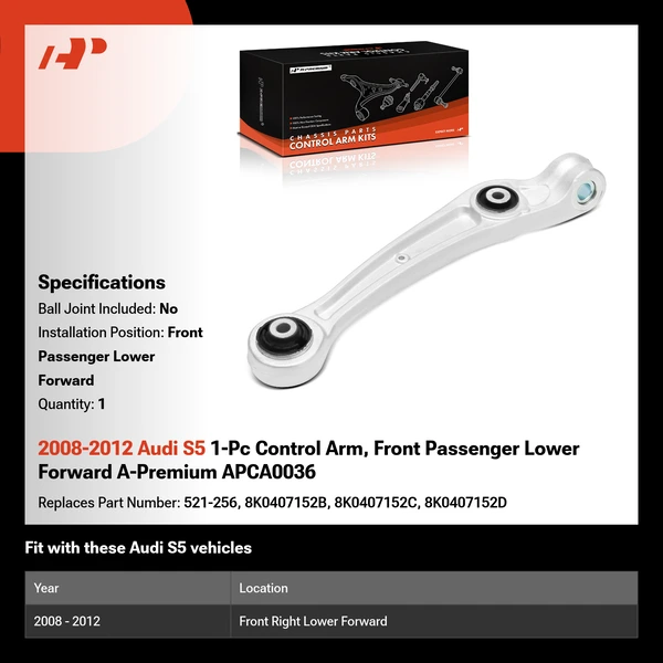 2008-2012 Audi S5 1-Pc Control Arm, Front Passenger Lower Forward A-Premium APCA0036