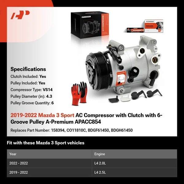 2019-2022 Mazda 3 Sport AC Compressor with Clutch with 6-Groove Pulley A-Premium APACC854