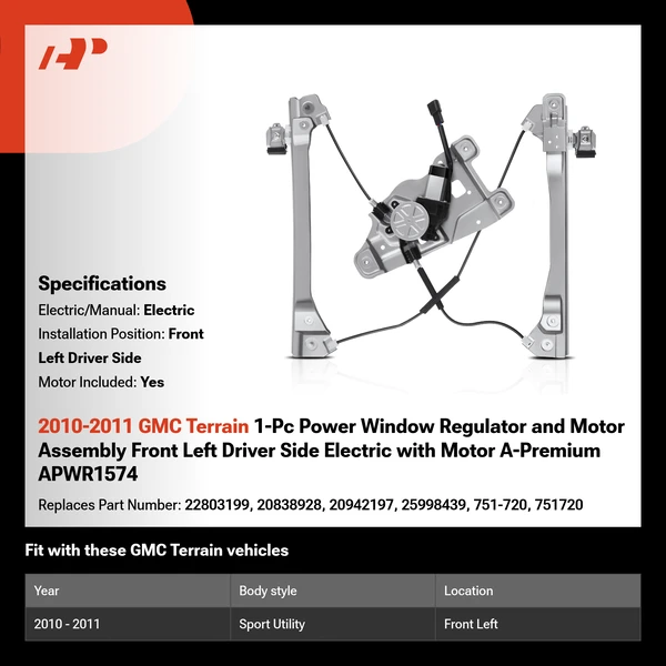 2010-2011 GMC Terrain 1-Pc Power Window Regulator and Motor Assembly Front Left Driver Side Electric with Motor A-Premium APWR1574