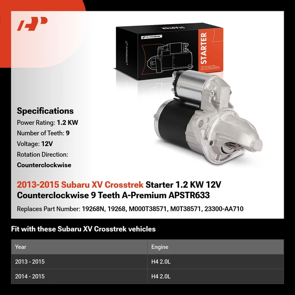 2013-2015 Subaru XV Crosstrek Starter 1.2 KW 12V Counterclockwise 9 Teeth A-Premium APSTR633