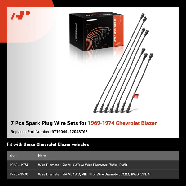 7 Pcs Spark Plug Wire Sets for 1969-1974 Chevrolet Blazer