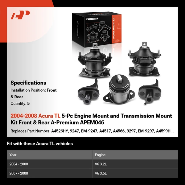 2004-2008 Acura TL 5-Pc Engine Mount and Transmission Mount Kit Front & Rear A-Premium APEM046