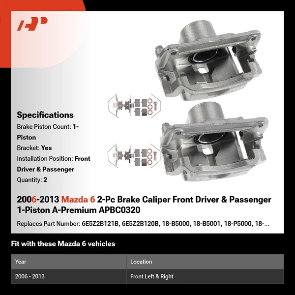 2006-2013 Mazda 6 2-Pc Brake Caliper Front Driver & Passenger 1-Piston A-Premium APBC0320