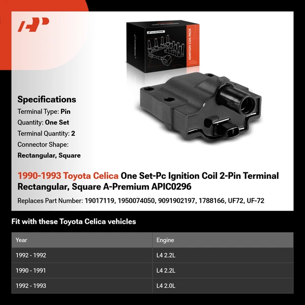 1990-1993 Toyota Celica One Set-Pc Ignition Coil 2-Pin Terminal Rectangular, Square A-Premium APIC0296