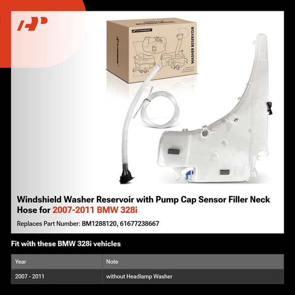 Windshield Washer Reservoir with Pump Cap Sensor Filler Neck Hose for 2007-2011 BMW 328i