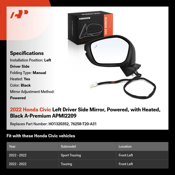 2022 Honda Civic Left Driver Side Mirror, Powered, with Heated, Black A-Premium APMI2209