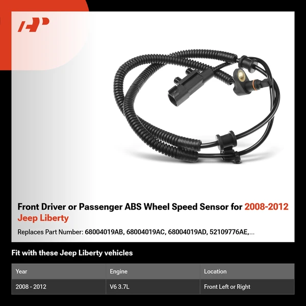 Front Driver or Passenger ABS Wheel Speed Sensor for 2008-2012 Jeep Liberty