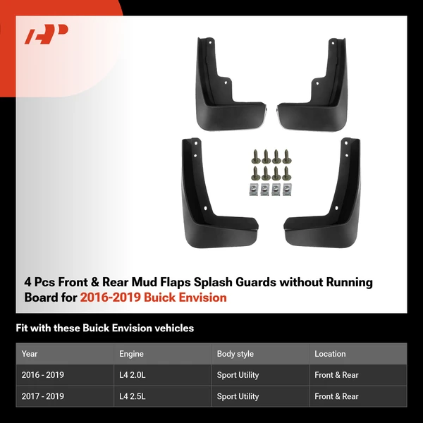 4 Pcs Front & Rear Mud Flaps Splash Guards without Running Board for 2016-2019 Buick Envision