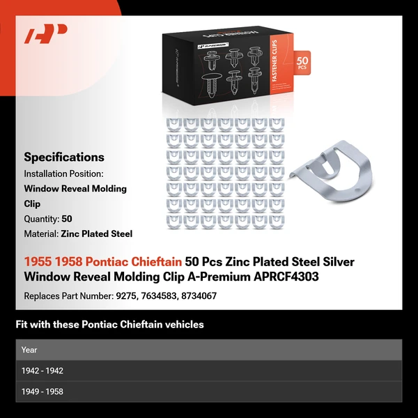 1955 1958 Pontiac Chieftain 50 Pcs Zinc Plated Steel Silver Window Reveal Molding Clip A-Premium APRCF4303