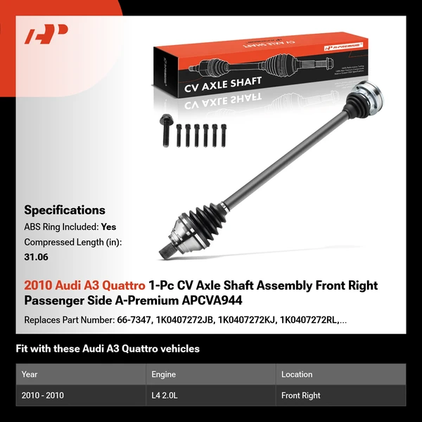 2010 Audi A3 Quattro 1-Pc CV Axle Shaft Assembly Front Right Passenger Side A-Premium APCVA944