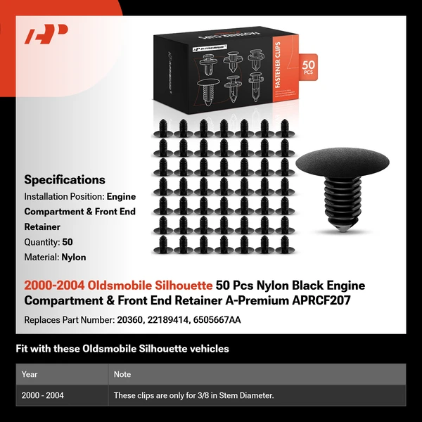 2000-2004 Oldsmobile Silhouette 50 Pcs Nylon Black Engine Compartment & Front End Retainer A-Premium APRCF207