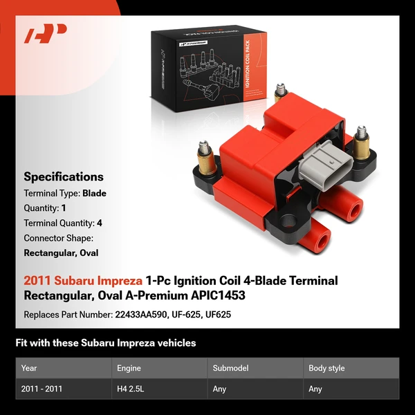 2011 Subaru Impreza 1-Pc Ignition Coil 4-Blade Terminal Rectangular, Oval A-Premium APIC1453