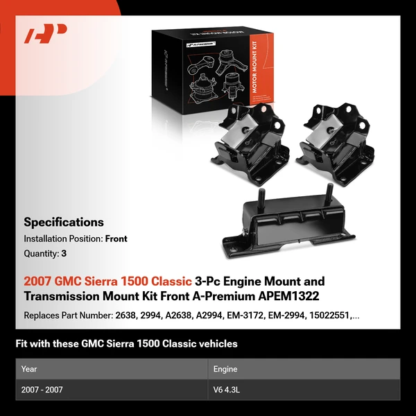 2007 GMC Sierra 1500 Classic 3-Pc Engine Mount and Transmission Mount Kit Front A-Premium APEM1322