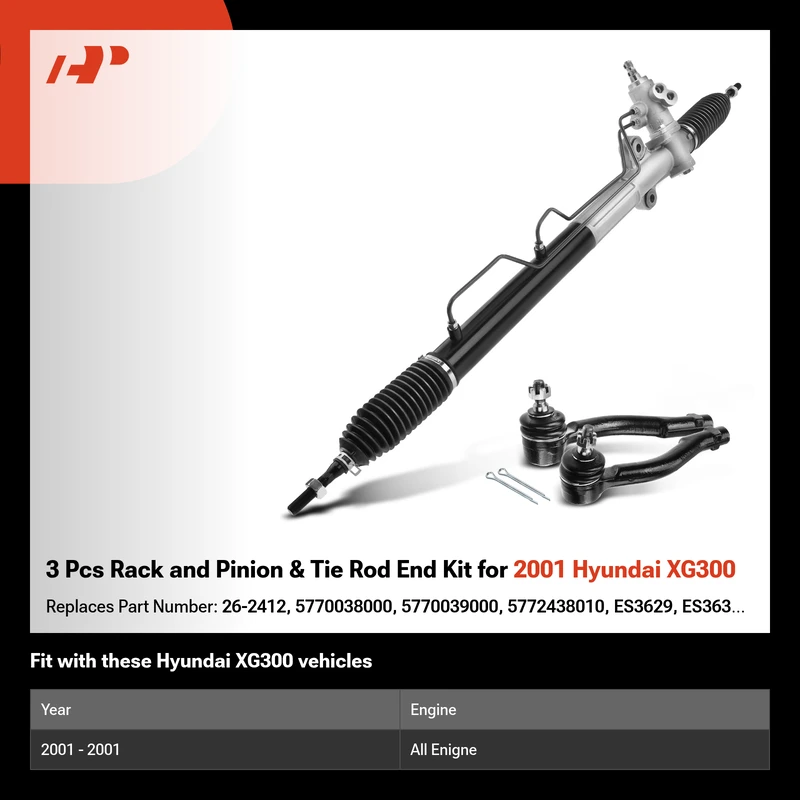 3 Pcs Rack and Pinion & Tie Rod End Kit for 2001 Hyundai XG300