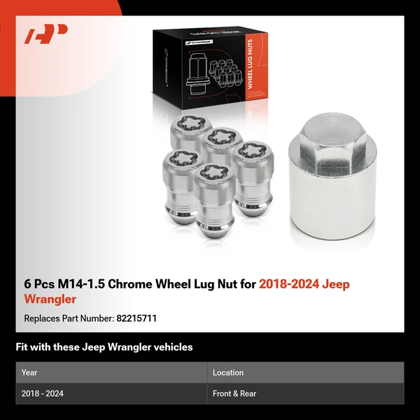 6 Pcs M14-1.5 Chrome Wheel Lug Nut for 2018-2024 Jeep Wrangler