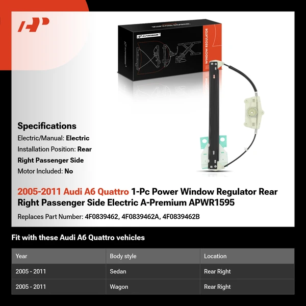 2005-2011 Audi A6 Quattro 1-Pc Power Window Regulator Rear Right Passenger Side Electric A-Premium APWR1595