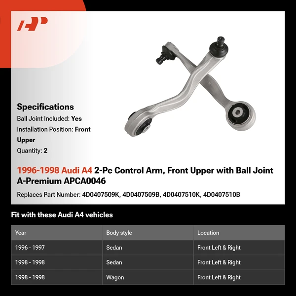 1996-1998 Audi A4 2-Pc Control Arm, Front Upper with Ball Joint A-Premium APCA0046