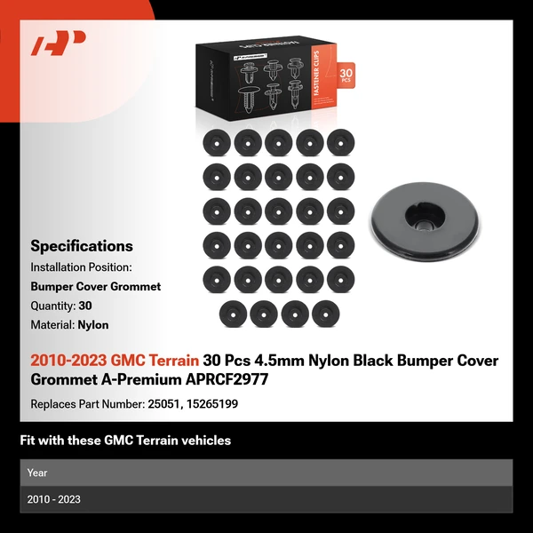 2010-2023 GMC Terrain 30 Pcs 4.5mm Nylon Black Bumper Cover Grommet A-Premium APRCF2977