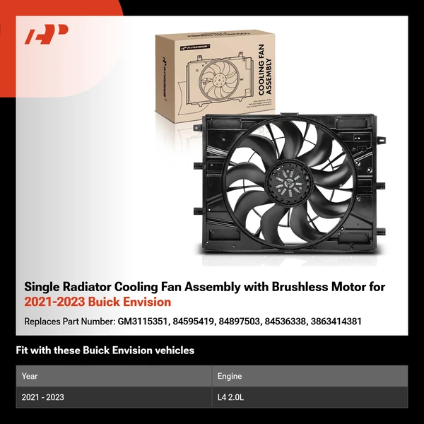 Single Radiator Cooling Fan Assembly with Brushless Motor for 2021-2023 Buick Envision