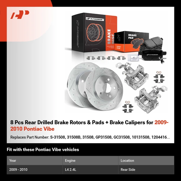 8 Pcs Rear Drilled Brake Rotors & Pads + Brake Calipers for 2009-2010 Pontiac Vibe