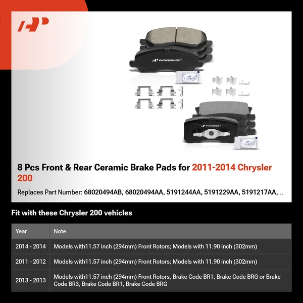 8 Pcs Front & Rear Ceramic Brake Pads for 2011-2014 Chrysler 200