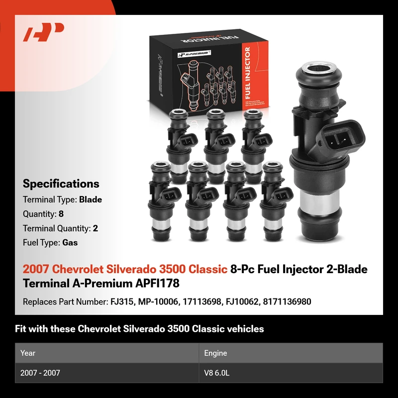 2007 Chevrolet Silverado 3500 Classic 8-Pc Fuel Injector 2-Blade Terminal A-Premium APFI178