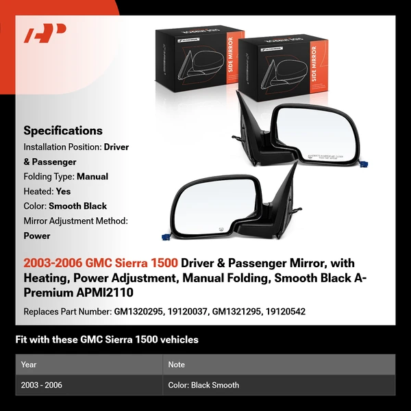 2003-2006 GMC Sierra 1500 Driver & Passenger Mirror, with Heating, Power Adjustment, Manual Folding, Smooth Black A-Premium APMI2110