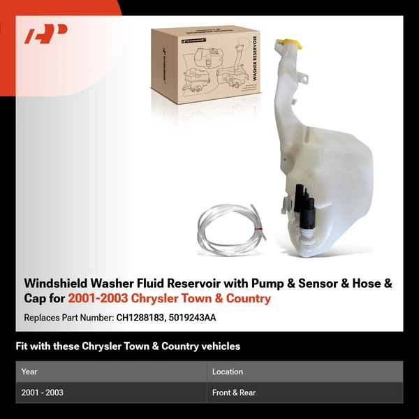 Windshield Washer Fluid Reservoir with Pump & Sensor & Hose & Cap for 2001-2003 Chrysler Town & Country