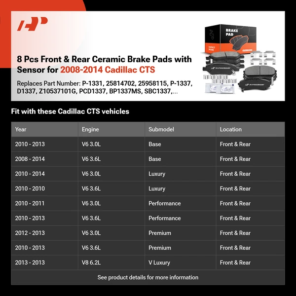 8 Pcs Front & Rear Ceramic Brake Pads with Sensor for 2008-2014 Cadillac CTS